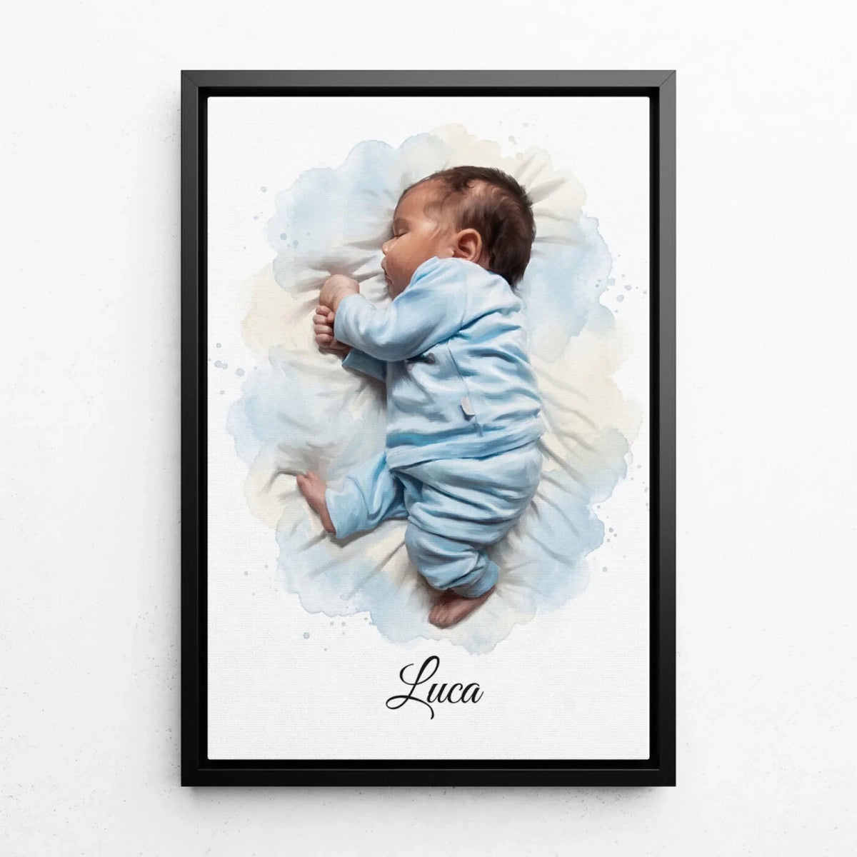 Retrato de bebé em estilo aguarela a partir da tua foto - tela com moldura preta