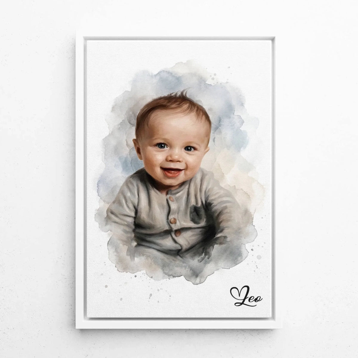 Retrato de bebé em estilo aguarela a partir da tua foto - tela com moldura branca