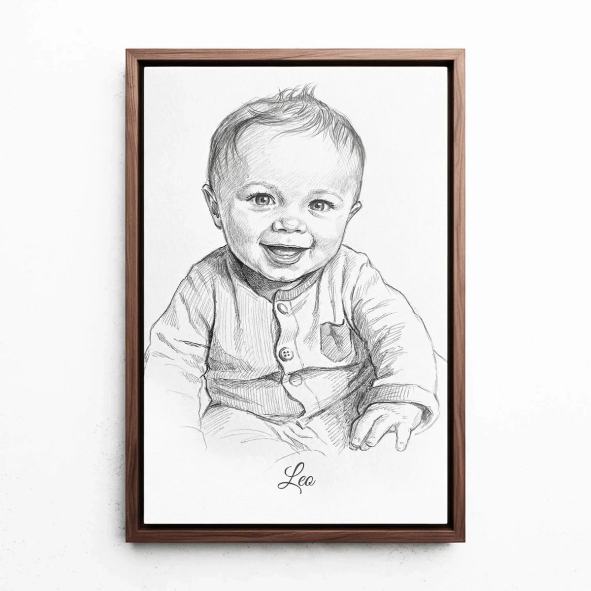 Retrato de bebé em estilo lápis a partir da tua foto - tela com moldura nogueira