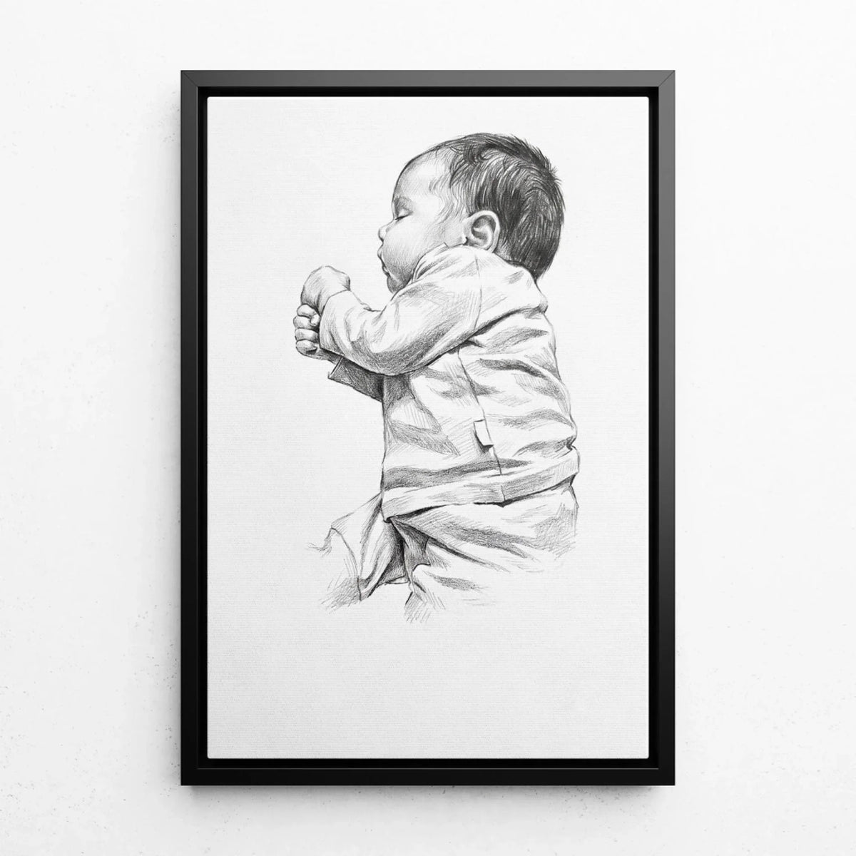 Retrato de bebé em estilo lápis a partir da tua foto - tela com moldura preta