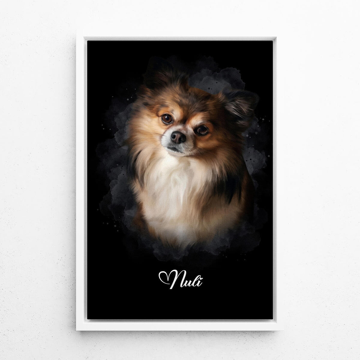 Retrato de cão em estilo aguarela - Preto a partir da tua foto - tela com moldura branca