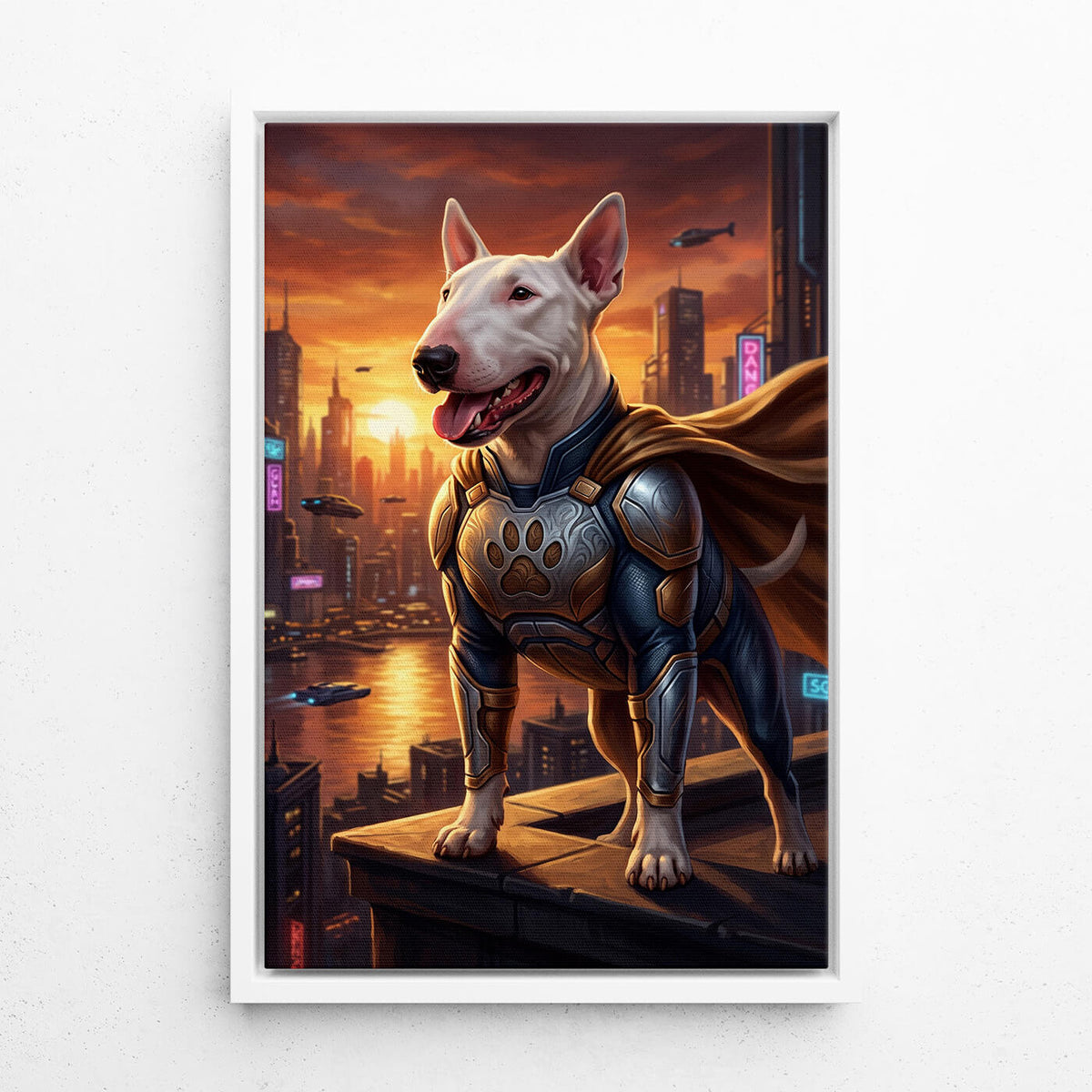 Retrato de cão como super-herói a partir da tua foto - tela com moldura branca