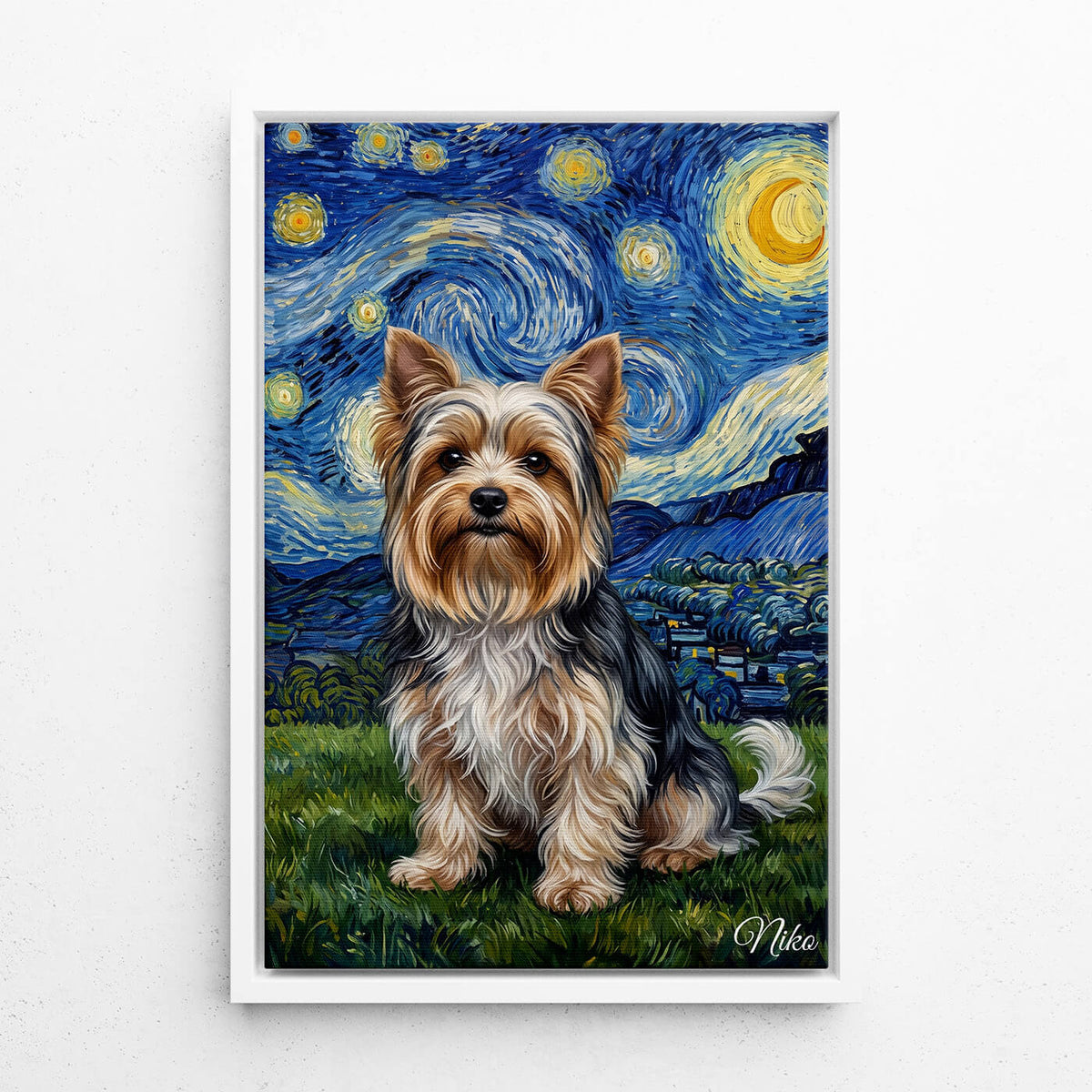 Retrato de cão em estilo Van Gogh a partir da tua foto - tela com moldura branca