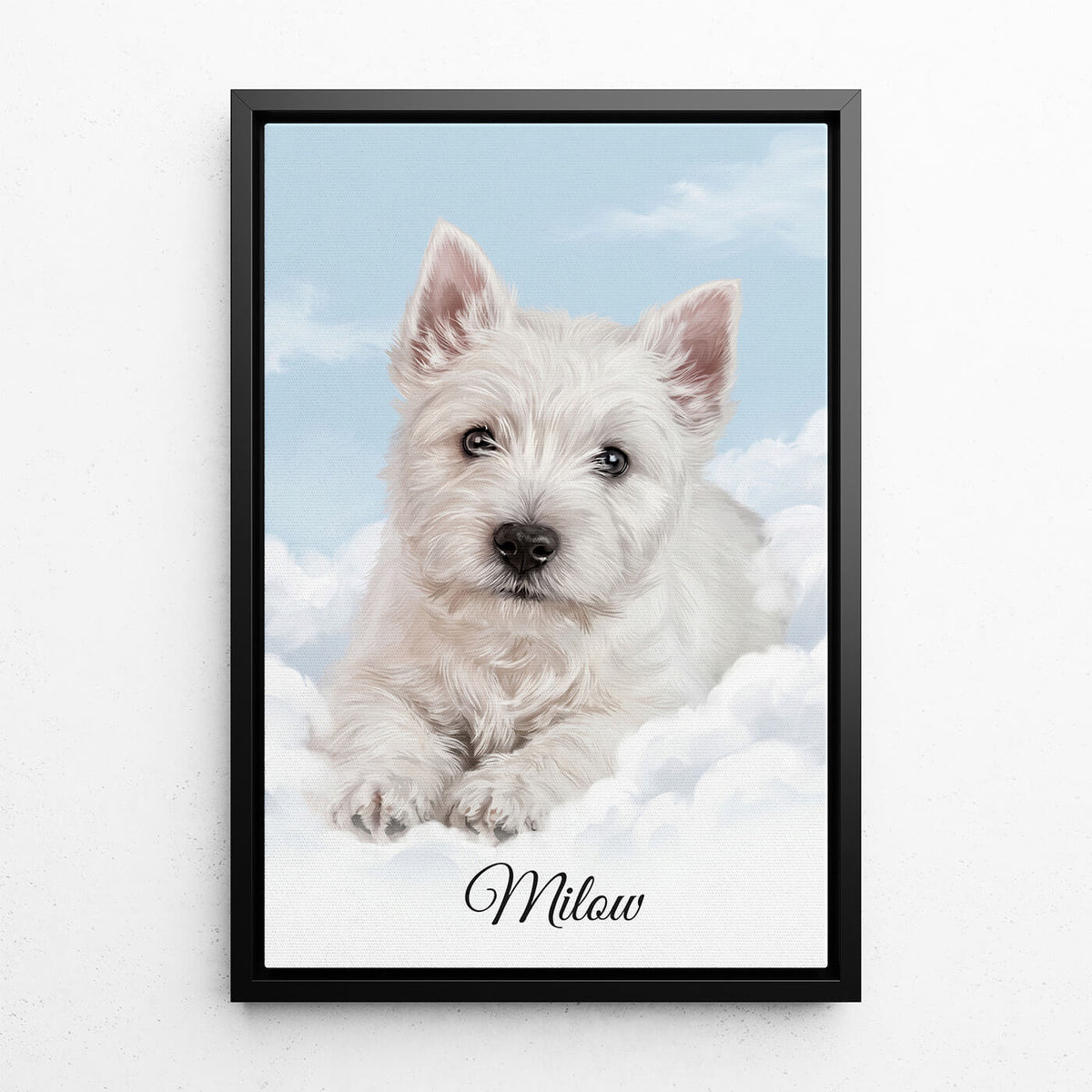 Retrato de cão personalizado em nuvens a partir da tua foto - tela com moldura preta