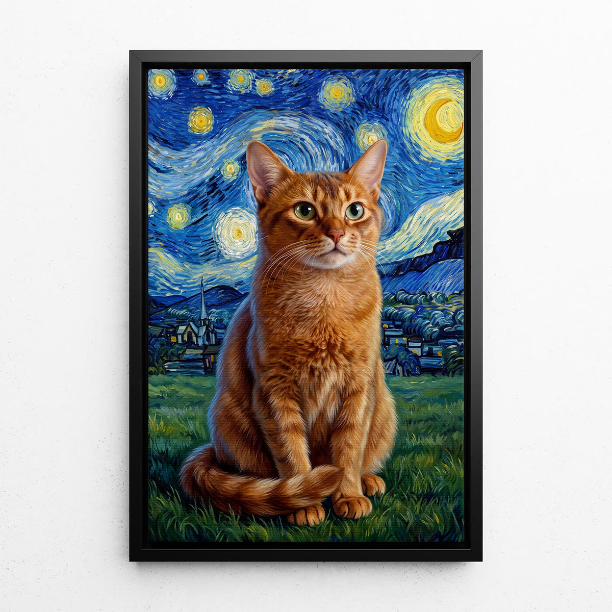 Retrato de gato em estilo Van Gogh a partir da tua foto - tela com moldura preta