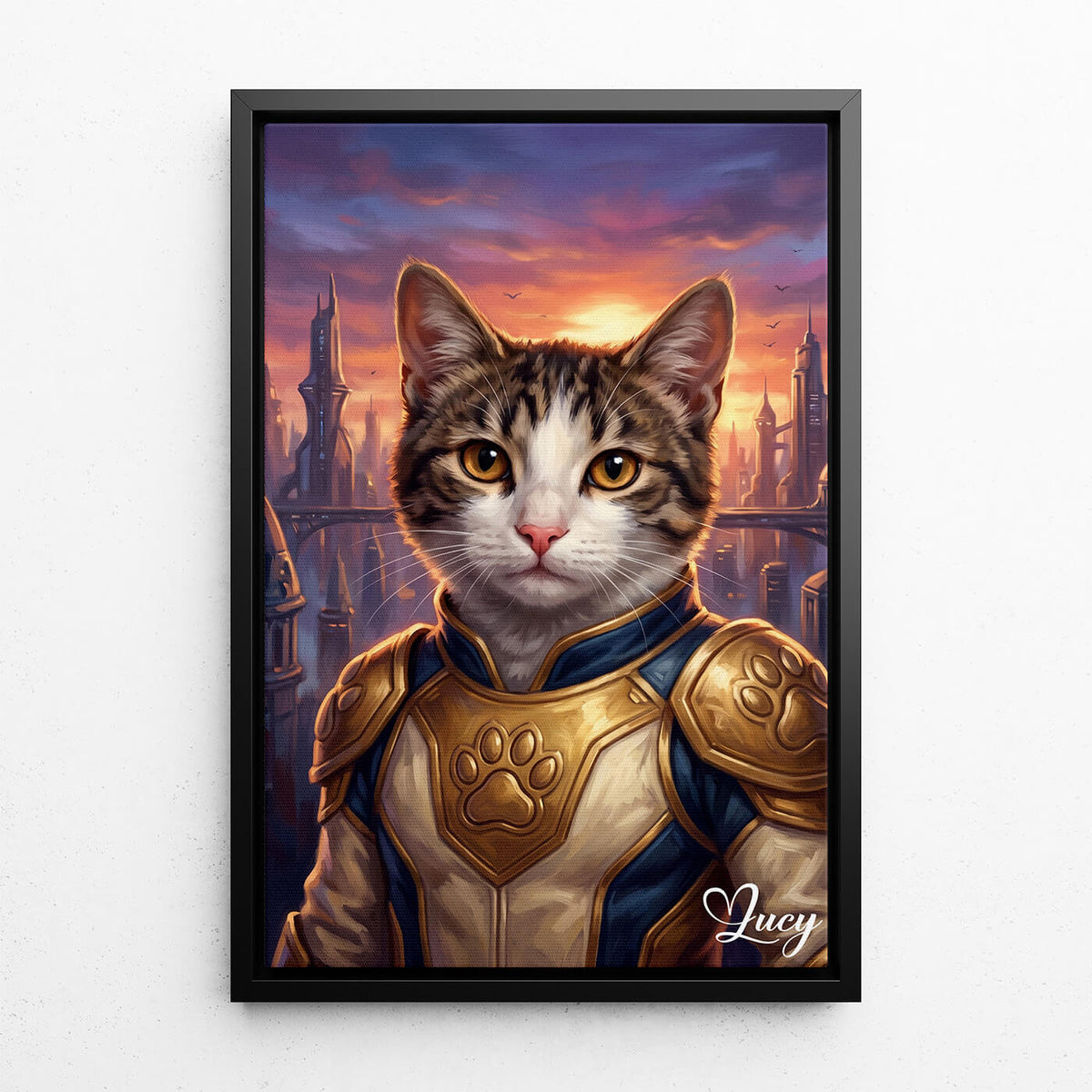 Retrato de gato como super-herói a partir da tua foto - tela com moldura preta