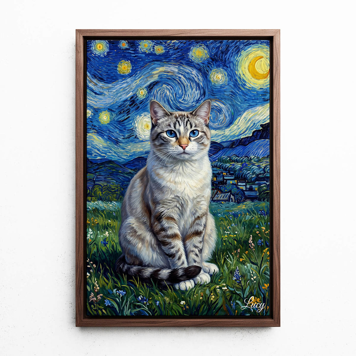 Retrato de gato em estilo Van Gogh a partir da tua foto - tela com moldura nogueira