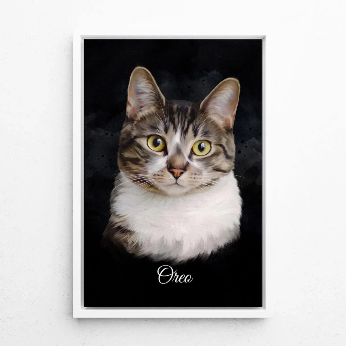 Retrato de gato em estilo aguarela - Preto a partir da tua foto - tela com moldura branca
