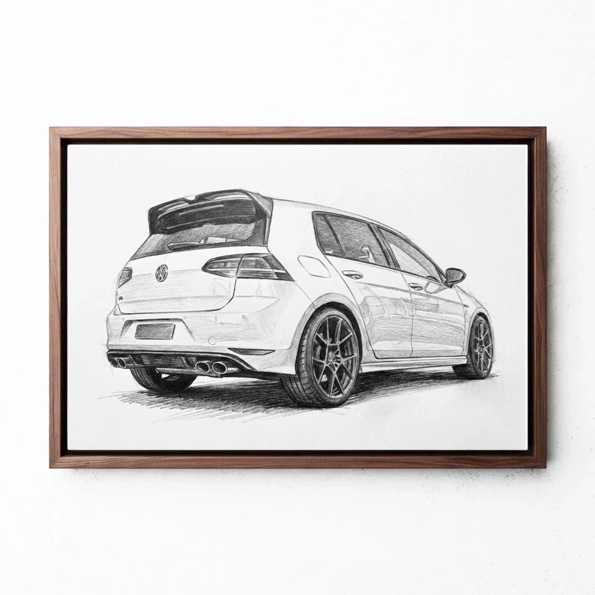 Retrato de carro em estilo lápis (formato horizontal) a partir da tua foto - tela com moldura nogueira