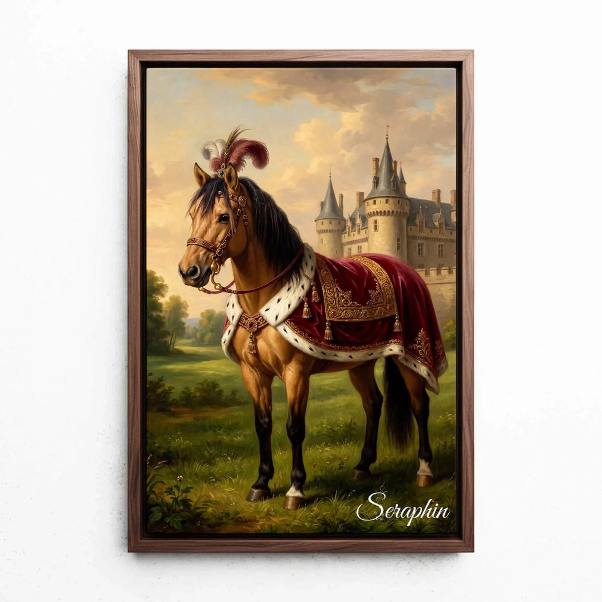 Retrato de cavalo em estilo renascentista a partir da tua foto - tela com moldura nogueira