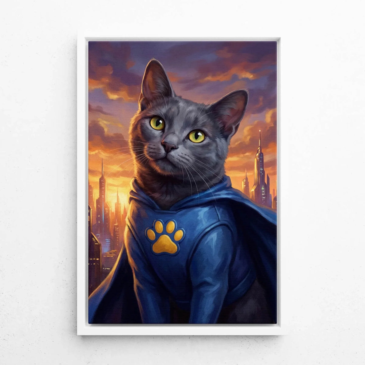 Retrato de gato como super-herói a partir da tua foto - tela com moldura branca