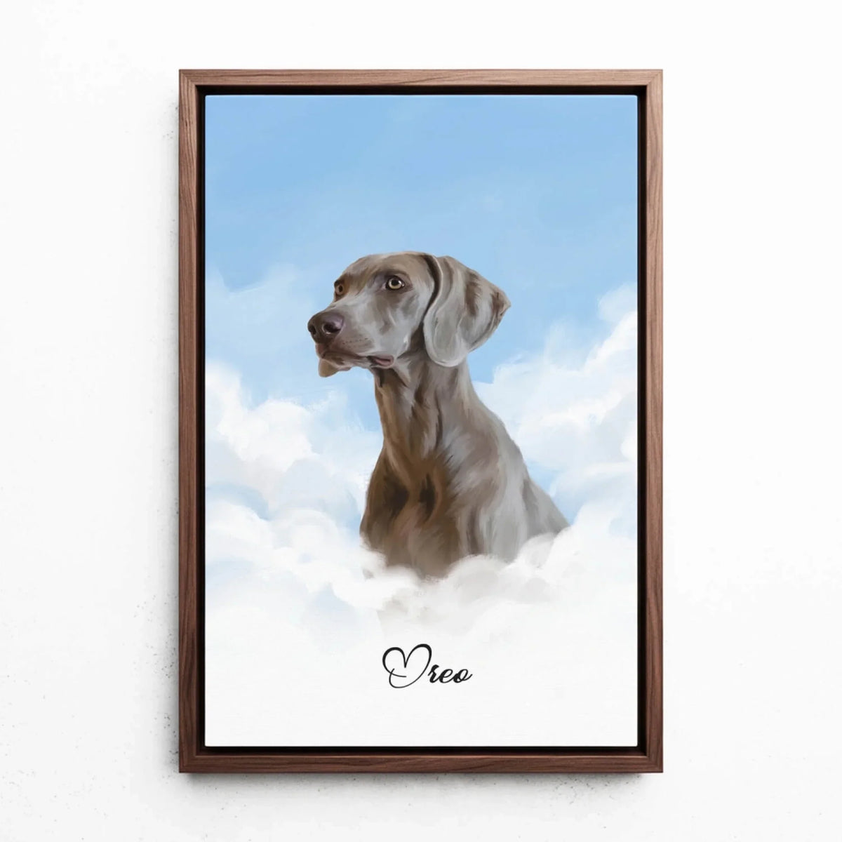 Retrato de cão personalizado em nuvens a partir da tua foto - tela com moldura nogueira