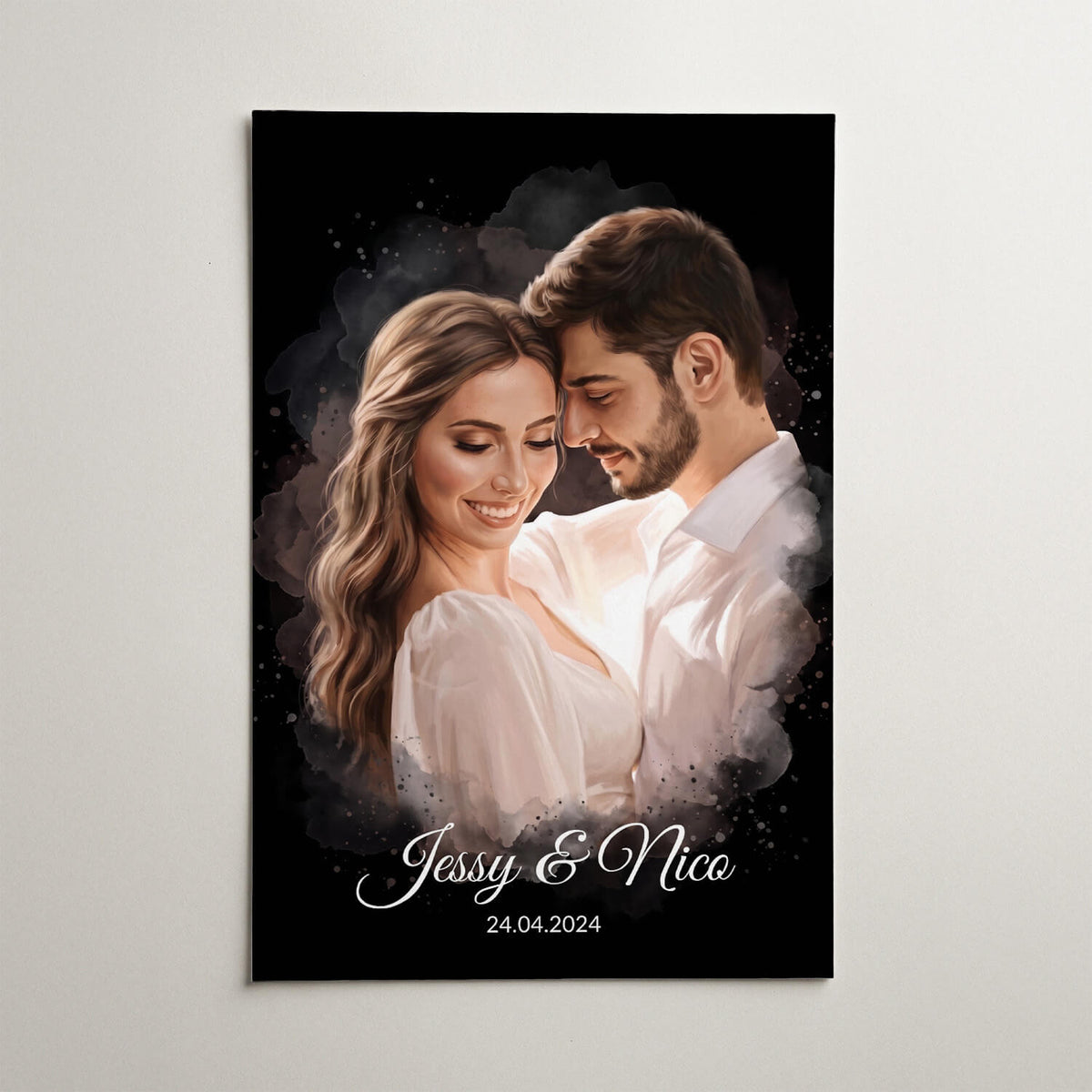 Retrato de casal e família em estilo aguarela - Preto a partir da tua foto - póster