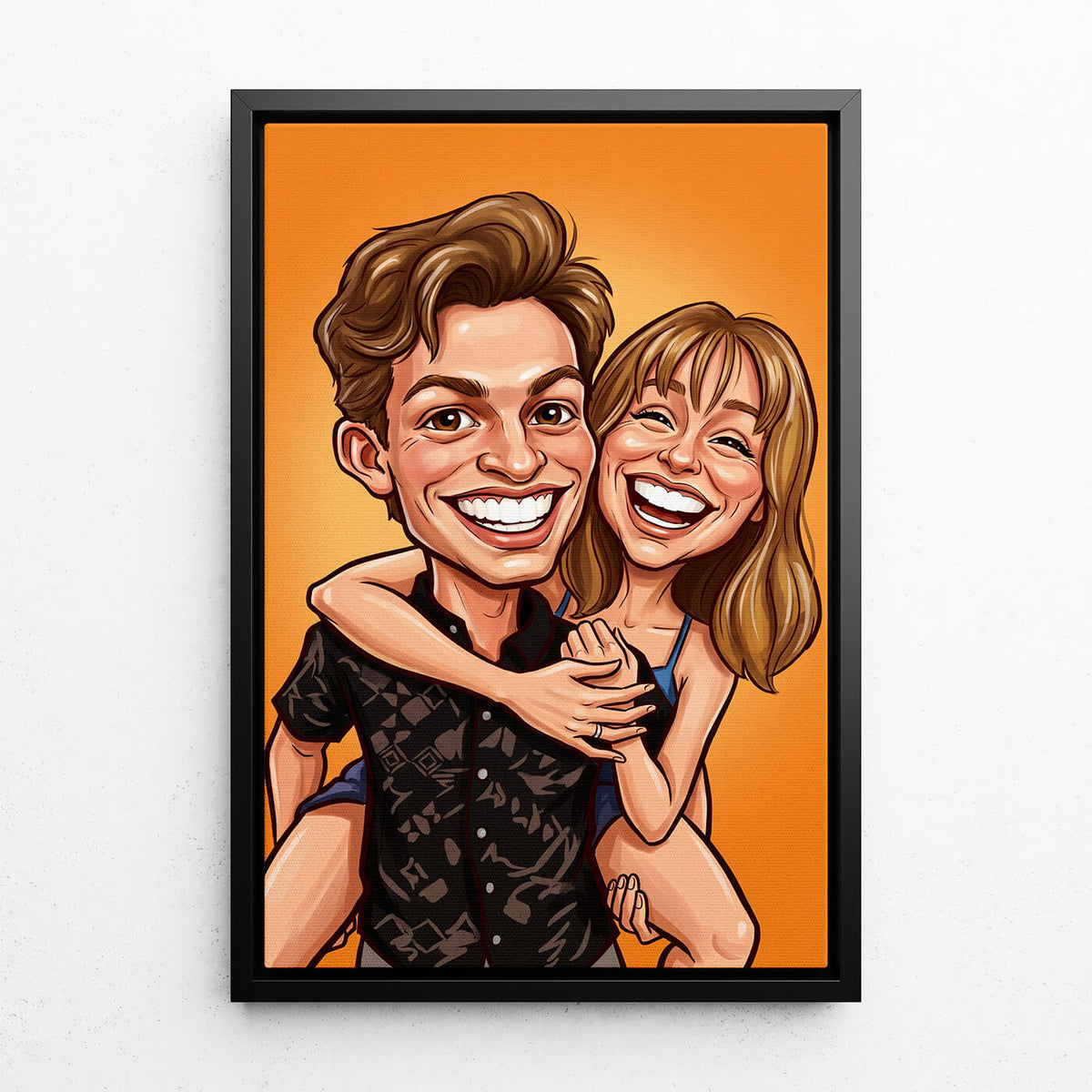 Retrato de casal e família em estilo caricatura a partir da tua foto - tela com moldura preta