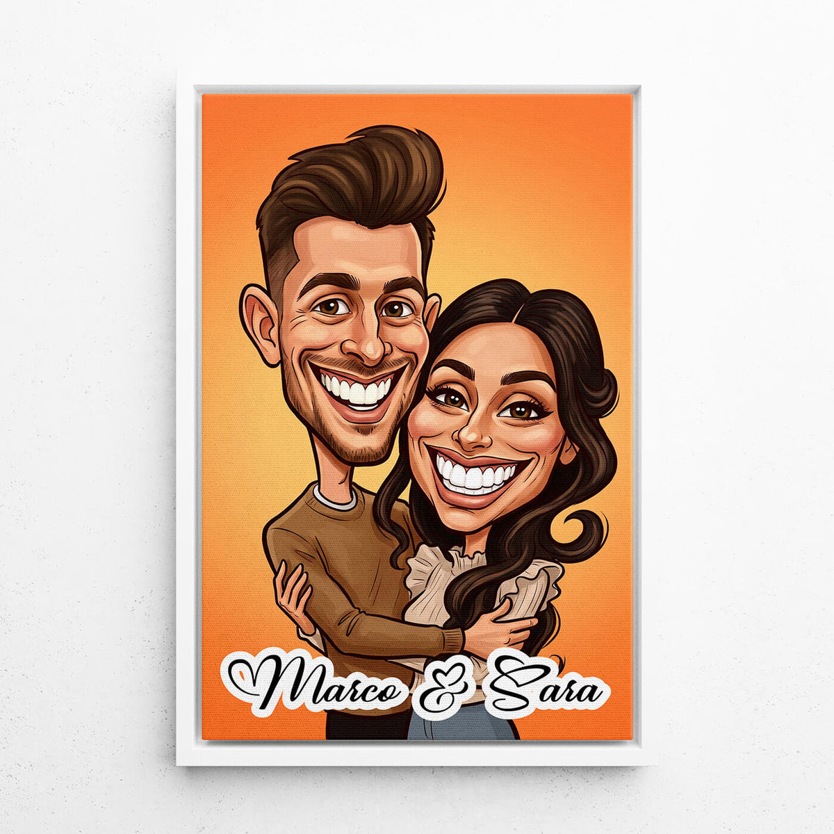 Retrato de casal e família em estilo caricatura a partir da tua foto - tela com moldura branca