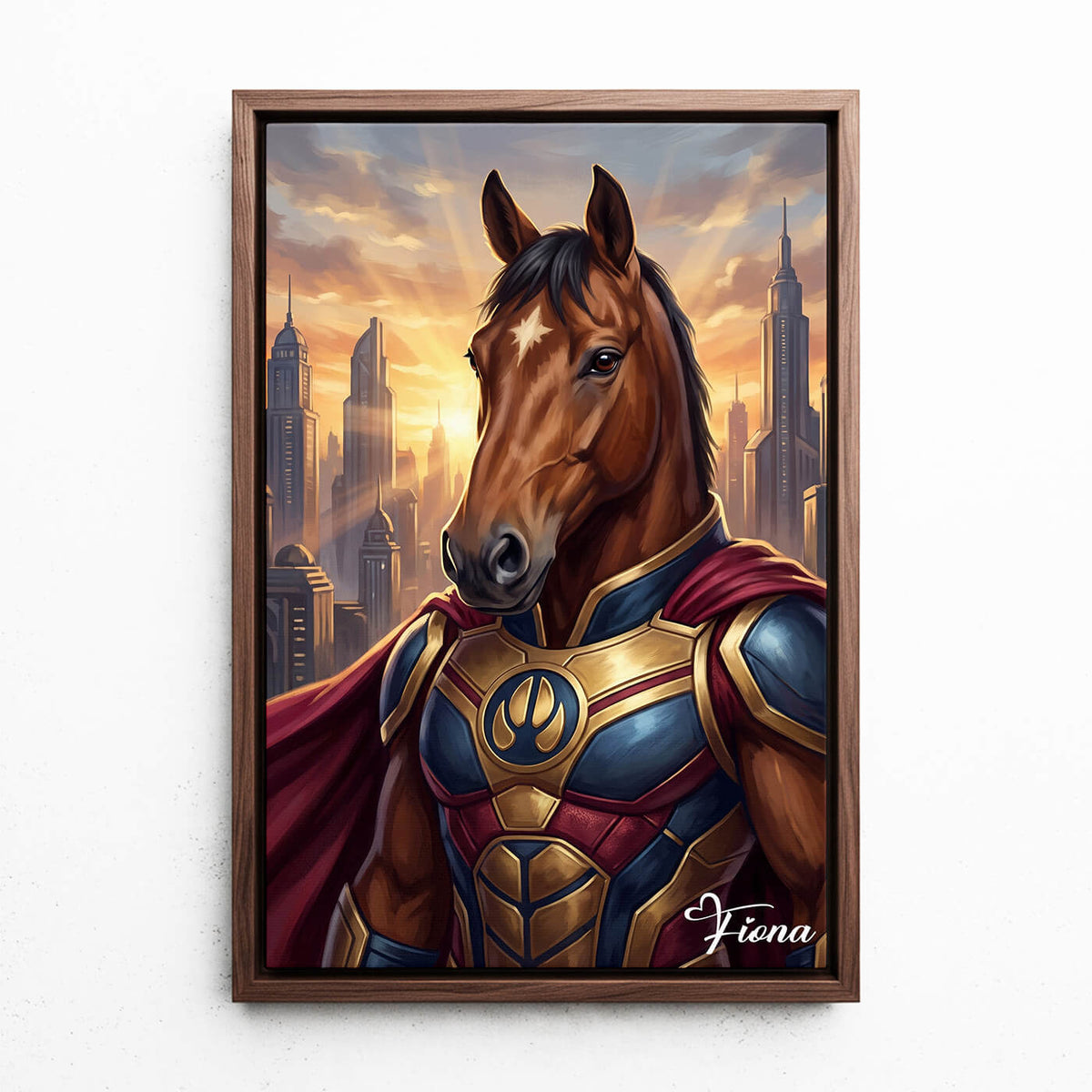 Retrato de cavalo como super-herói a partir da tua foto - tela com moldura nogueira