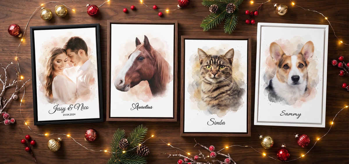 Presentes de Natal personalizados a partir da tua foto - exemplos em tela, poster e com moldura