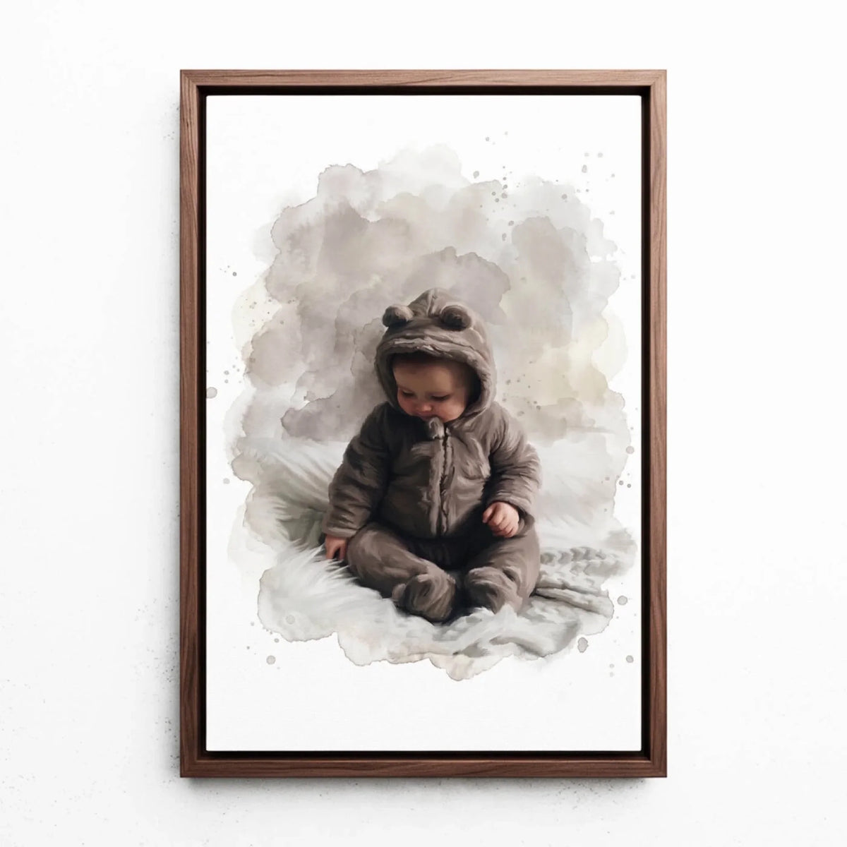 Retrato de bebé em estilo aguarela a partir da tua foto - tela com moldura nogueira