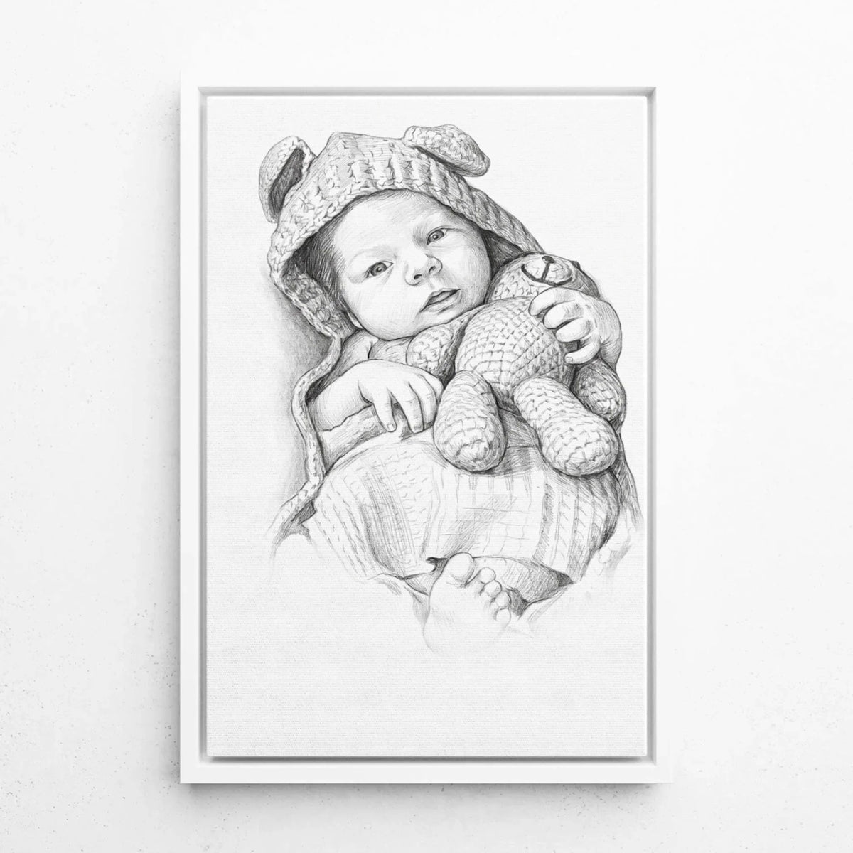 Retrato de bebé em estilo lápis a partir da tua foto - tela com moldura branca
