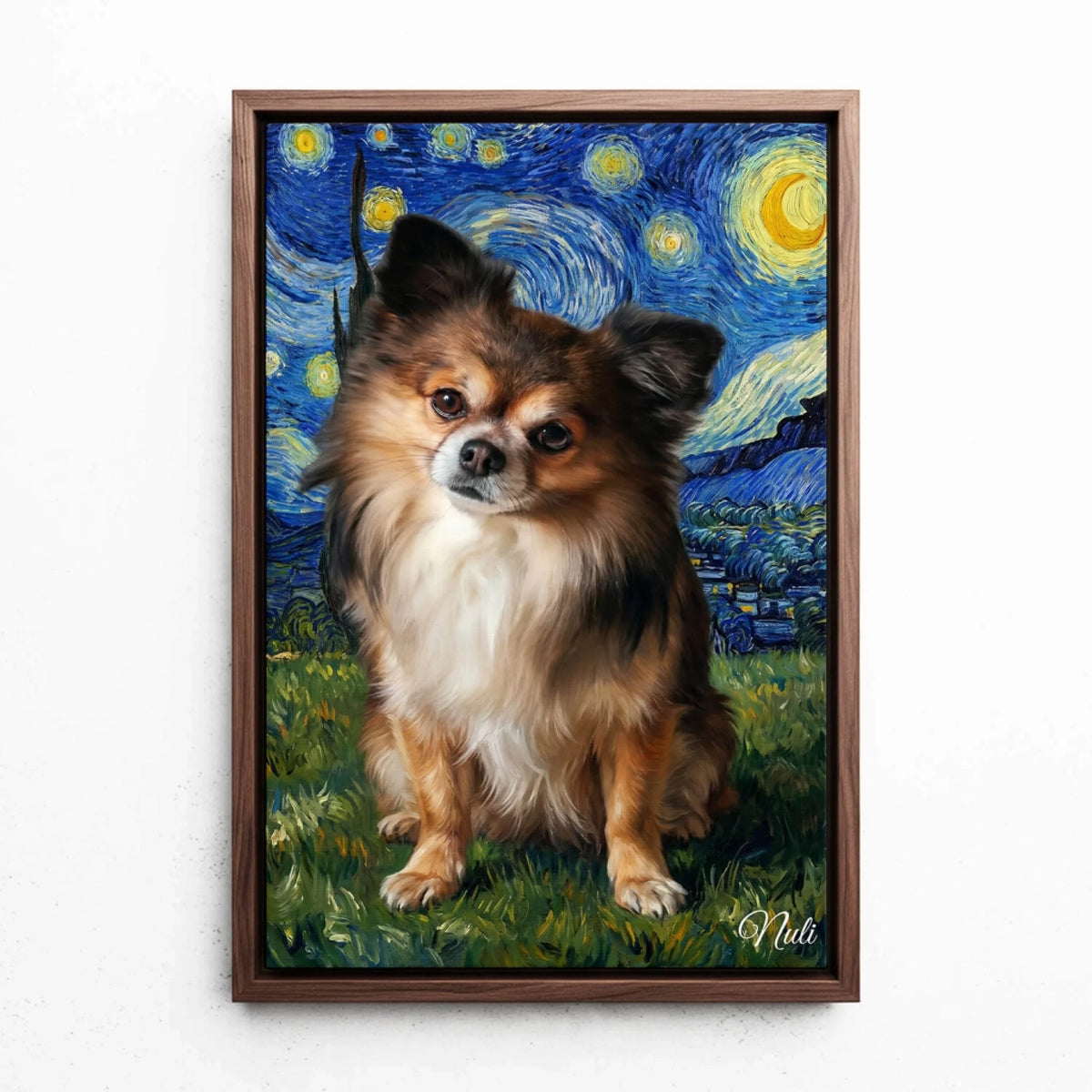 Retrato de cão estilo Van Gogh a partir da tua foto - tela com moldura nogueira