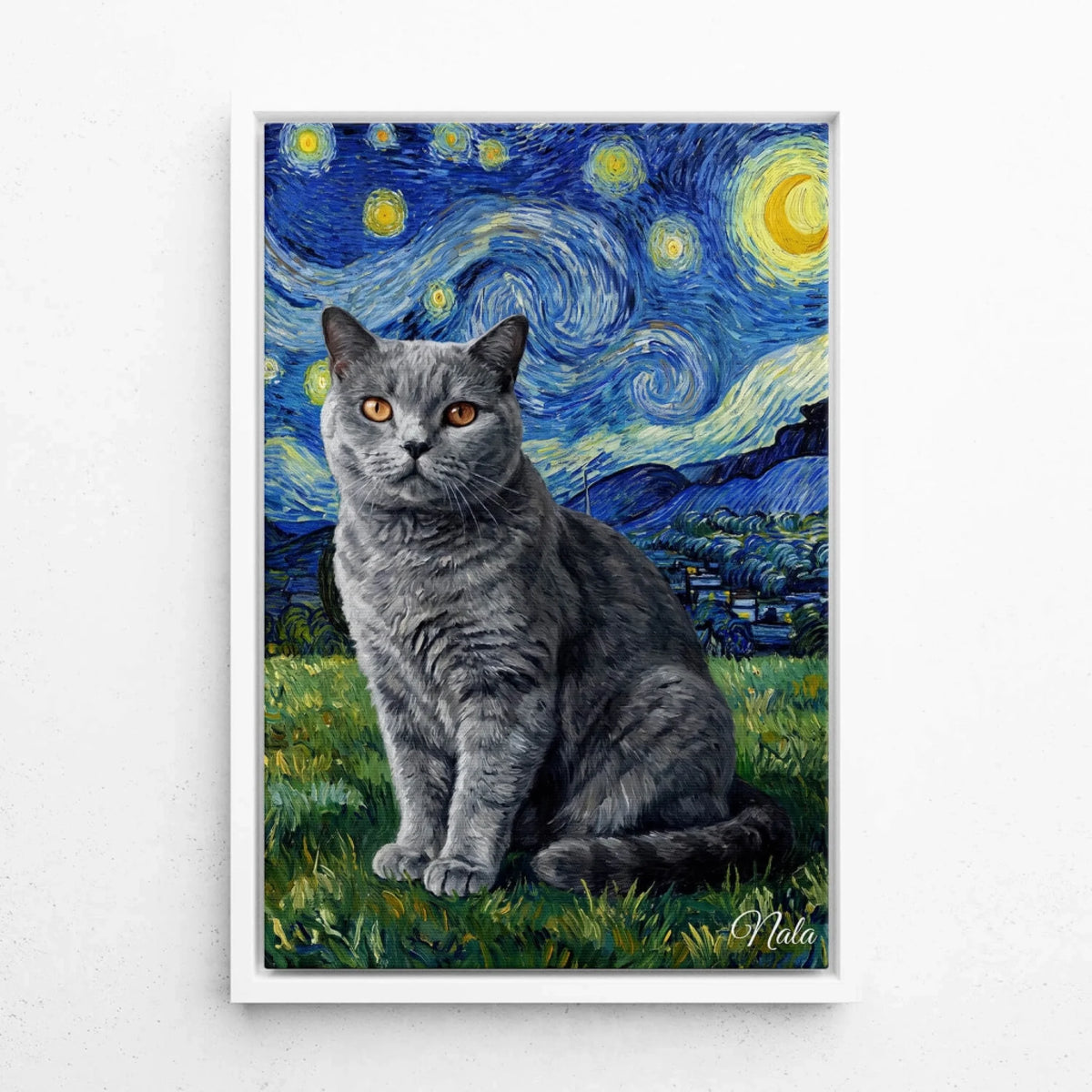 Retrato de gato estilo Van Gogh a partir da tua foto - tela com moldura branca