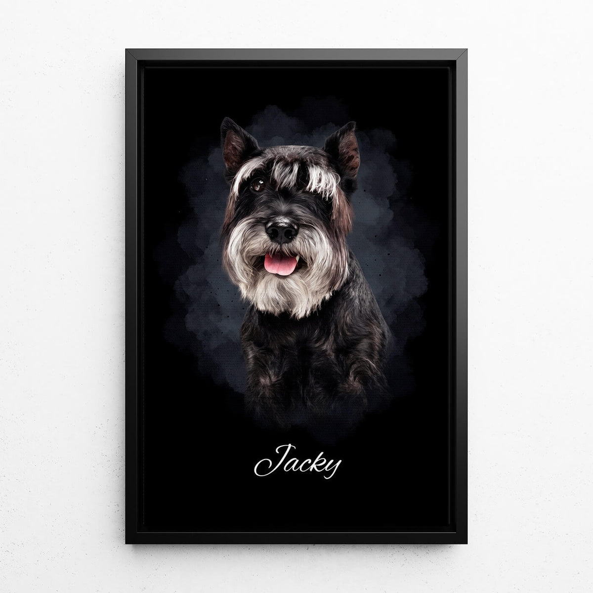 Retrato de cão em estilo aguarela - Preto a partir da tua foto - tela com moldura preta