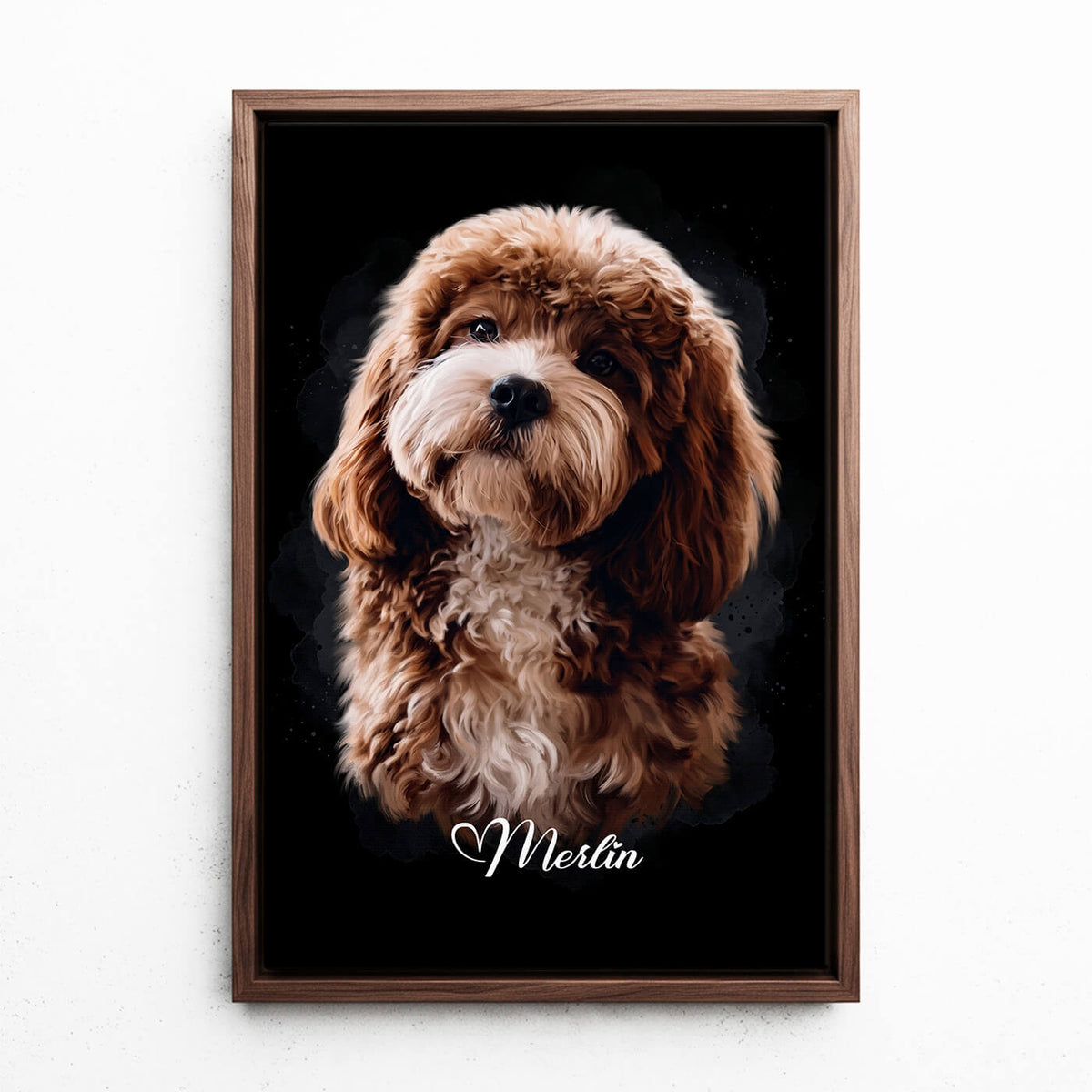 Retrato de cão em estilo aguarela - Preto a partir da tua foto - tela com moldura nogueira