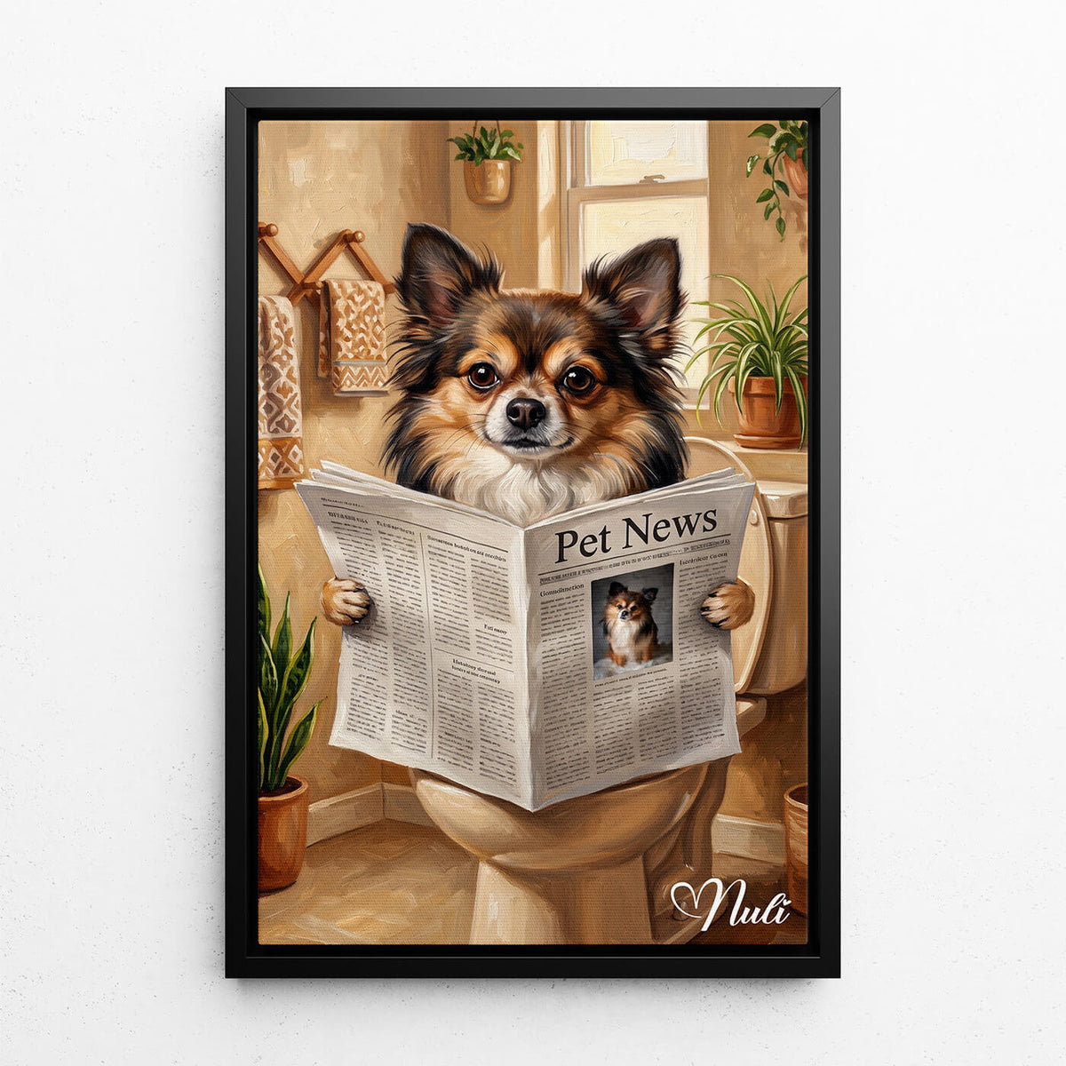 Retrato de cão divertido na sanita a partir da tua foto - tela com moldura preta