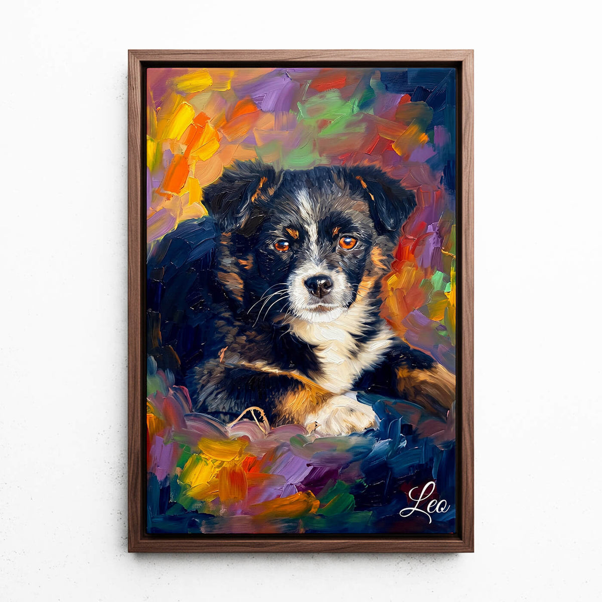 Retrato de cão em estilo pop art a partir da tua foto - tela com moldura nogueira