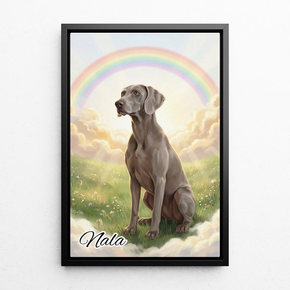 Retrato de cão na Ponte do Arco-íris a partir da tua foto - tela com moldura preta