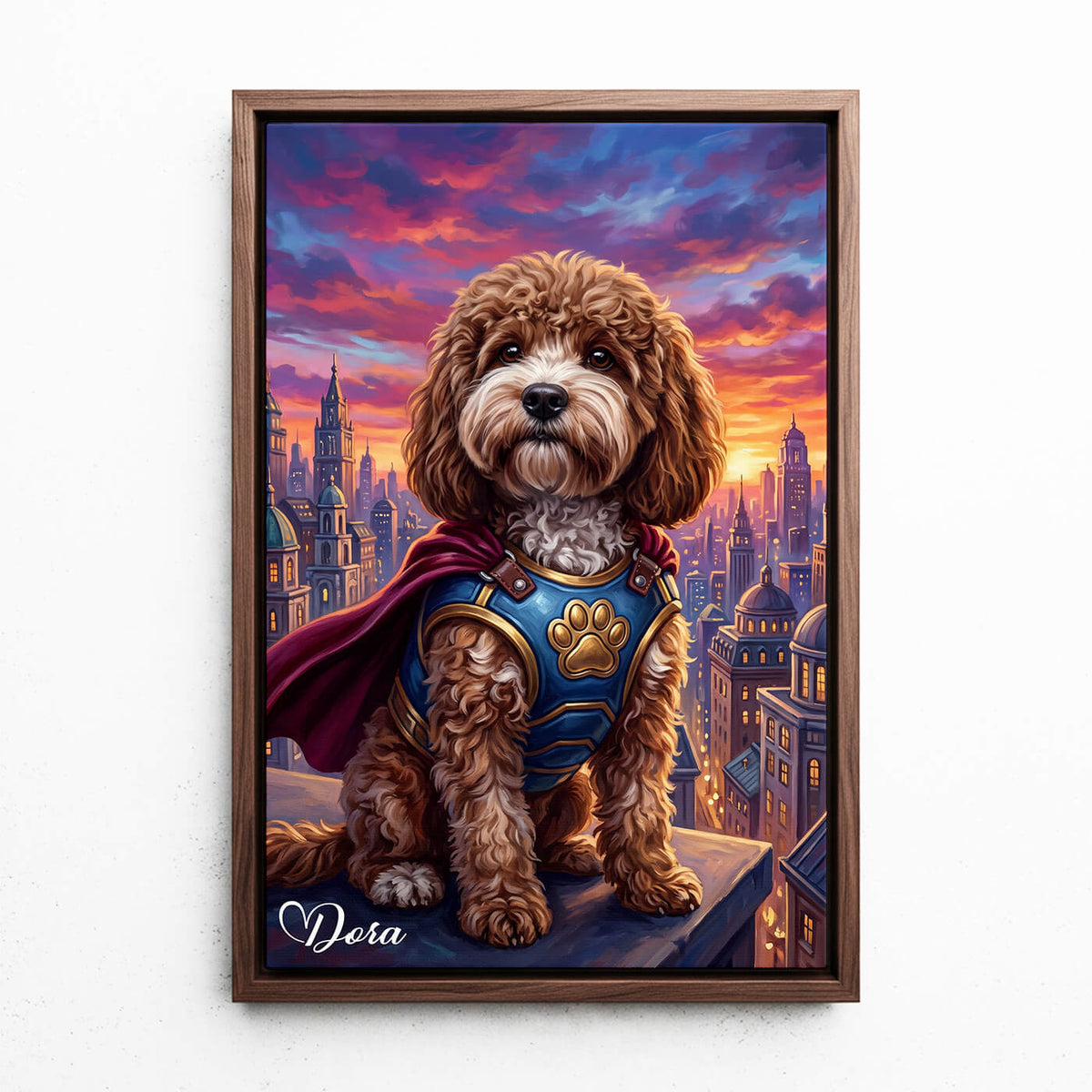 Retrato de cão como super-herói a partir da tua foto - tela com moldura nogueira