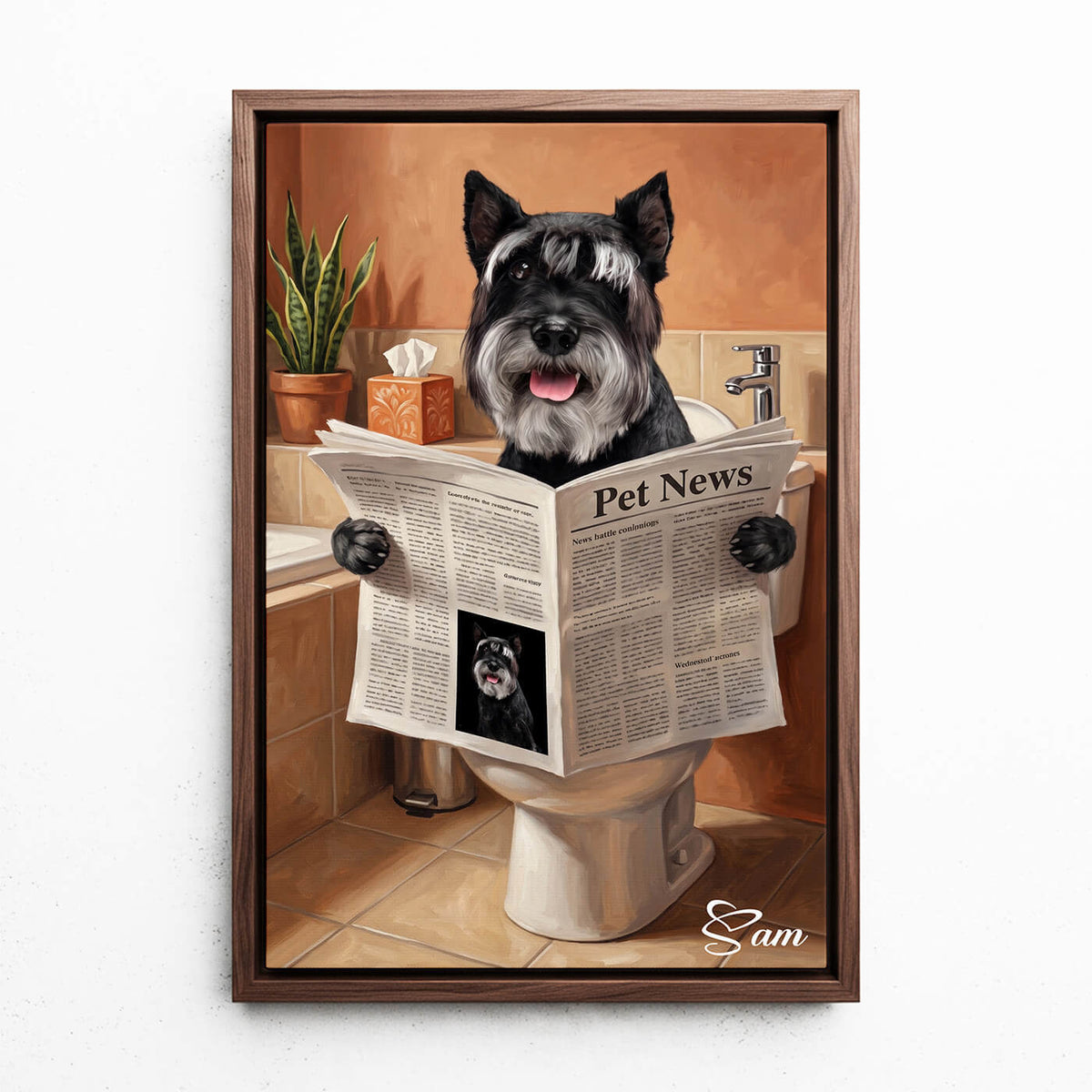 Retrato de cão divertido na sanita a partir da tua foto - tela com moldura nogueira