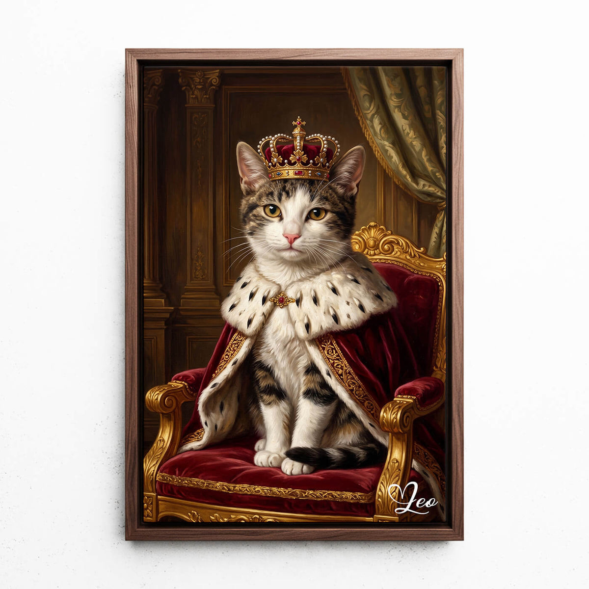 Retrato de gato em estilo renascentista a partir da tua foto - tela com moldura nogueira