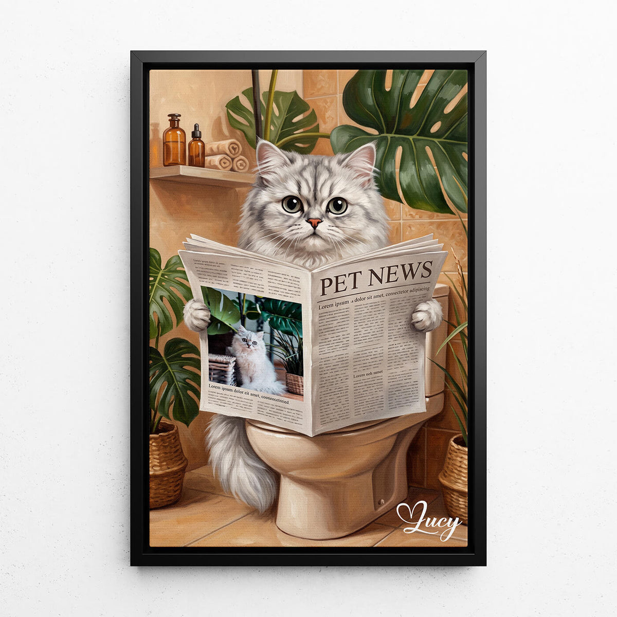 Retrato de gato divertido na sanita a partir da tua foto - tela com moldura preta