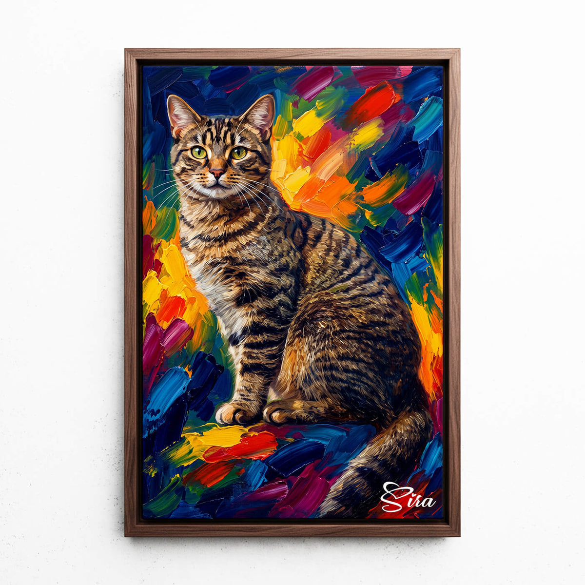 Retrato de gato em estilo pop art a partir da tua foto - tela com moldura nogueira