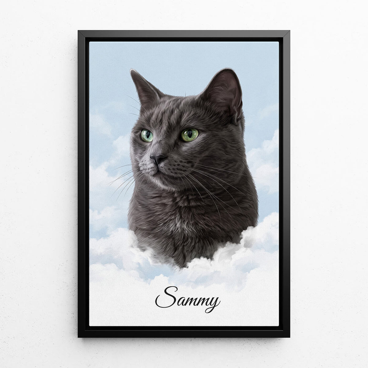 Retrato de gato personalizado em nuvens a partir da tua foto - tela com moldura preta