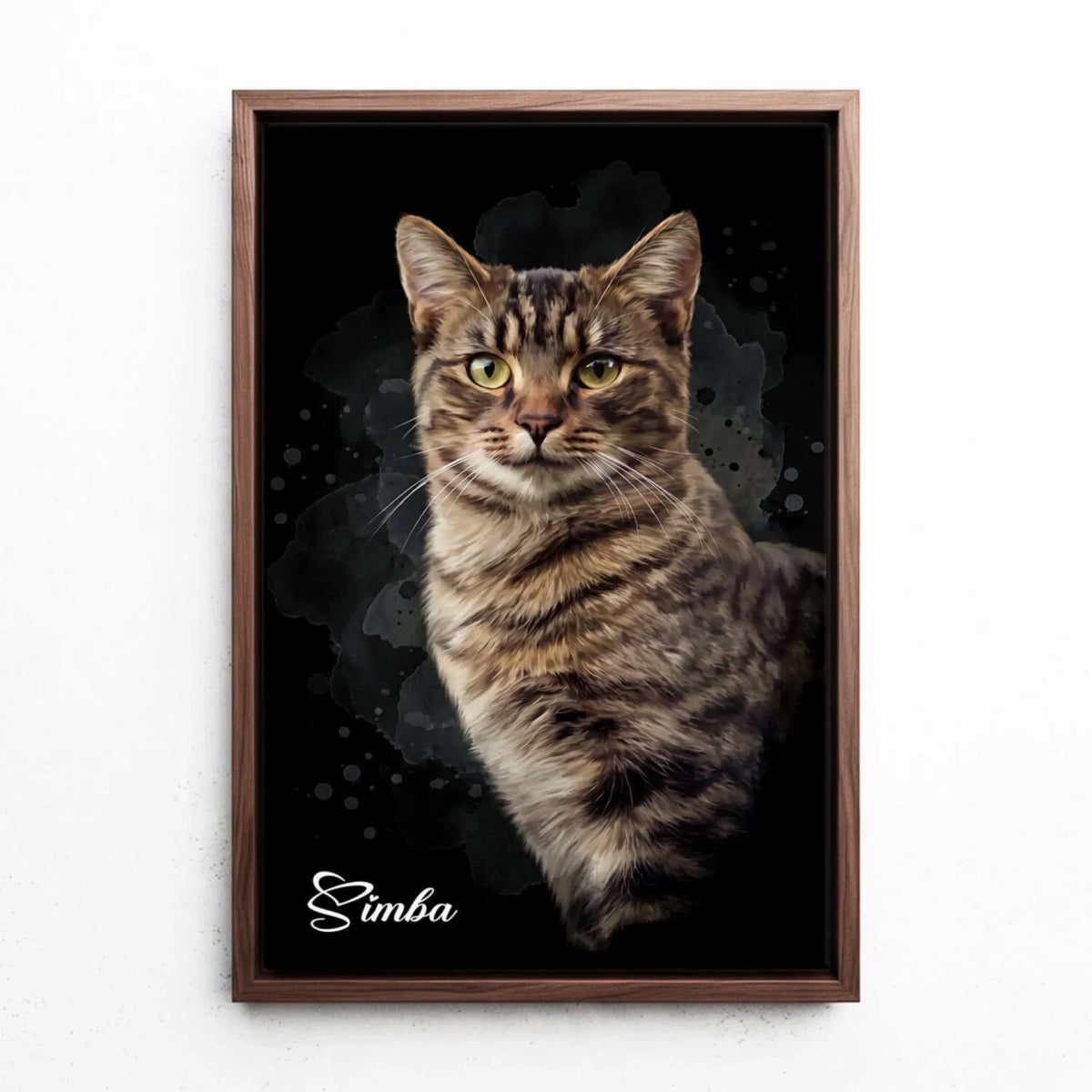 Retrato de gato em estilo aguarela - Preto a partir da tua foto - tela com moldura nogueira