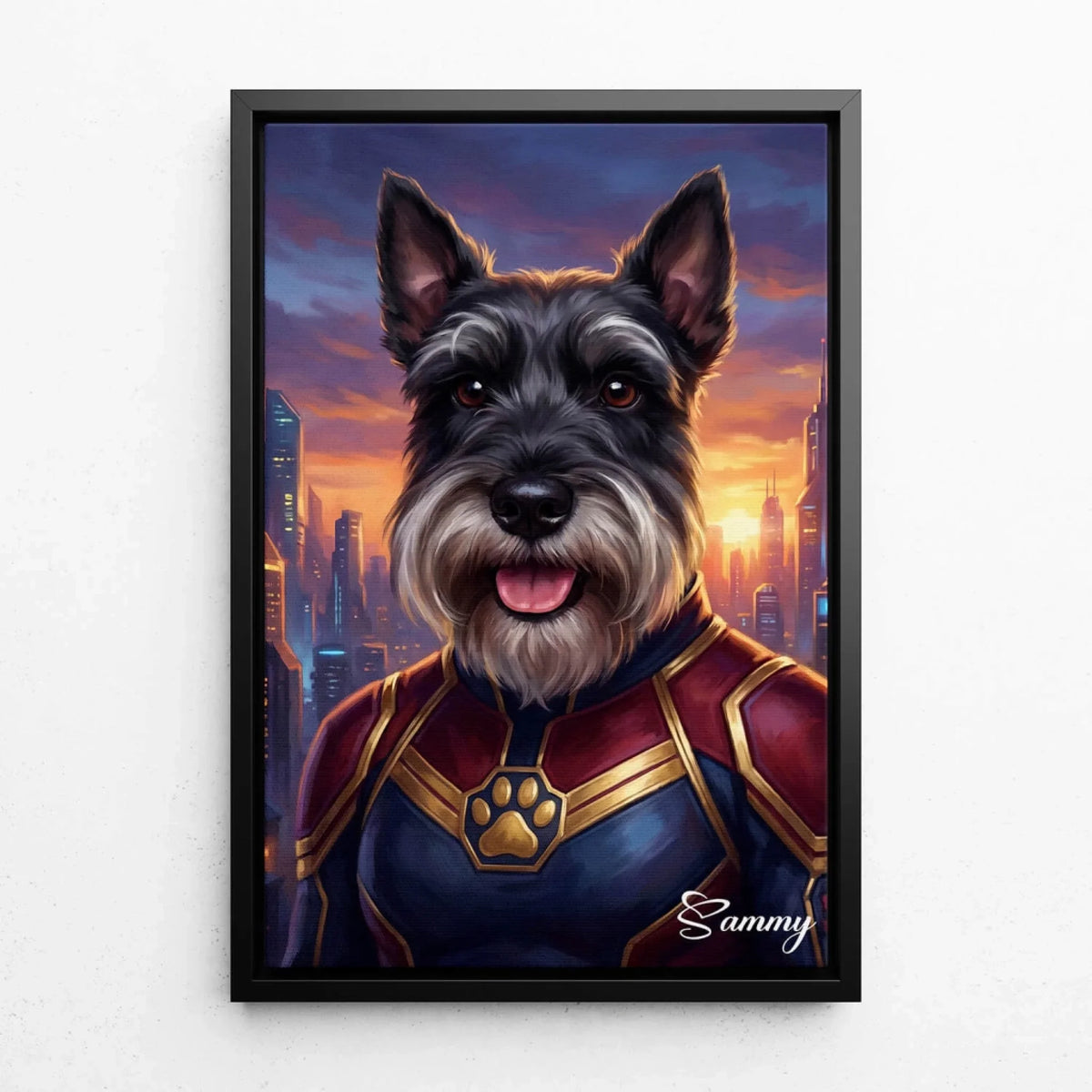 Retrato de cão como super-herói a partir da tua foto - tela com moldura preta