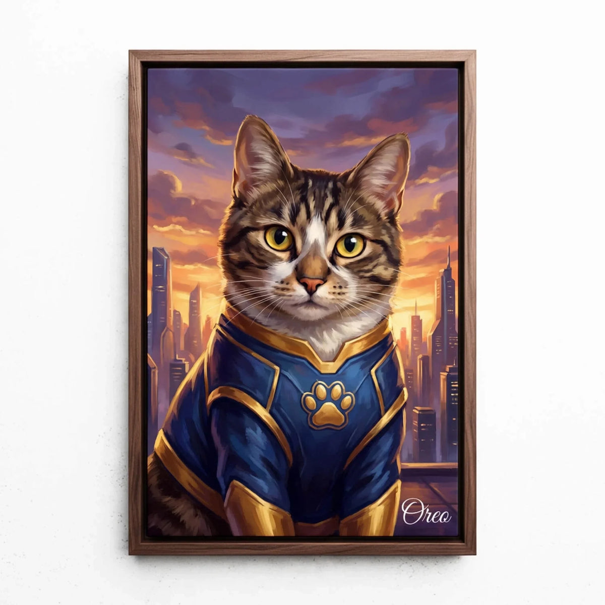 Retrato de gato como super-herói a partir da tua foto - tela com moldura nogueira