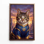 Retrato de gato como super-herói a partir da tua foto - tela com moldura nogueira