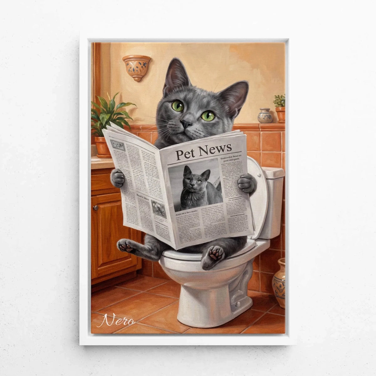 Retrato de gato divertido na sanita a partir da tua foto - tela com moldura branca