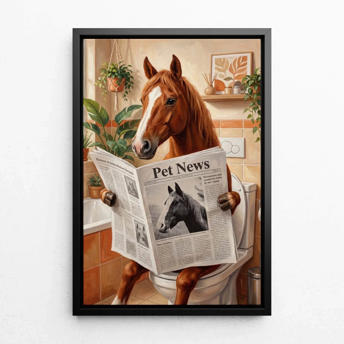 Retrato de cavalo divertido na sanita a partir da tua foto - tela com moldura preta