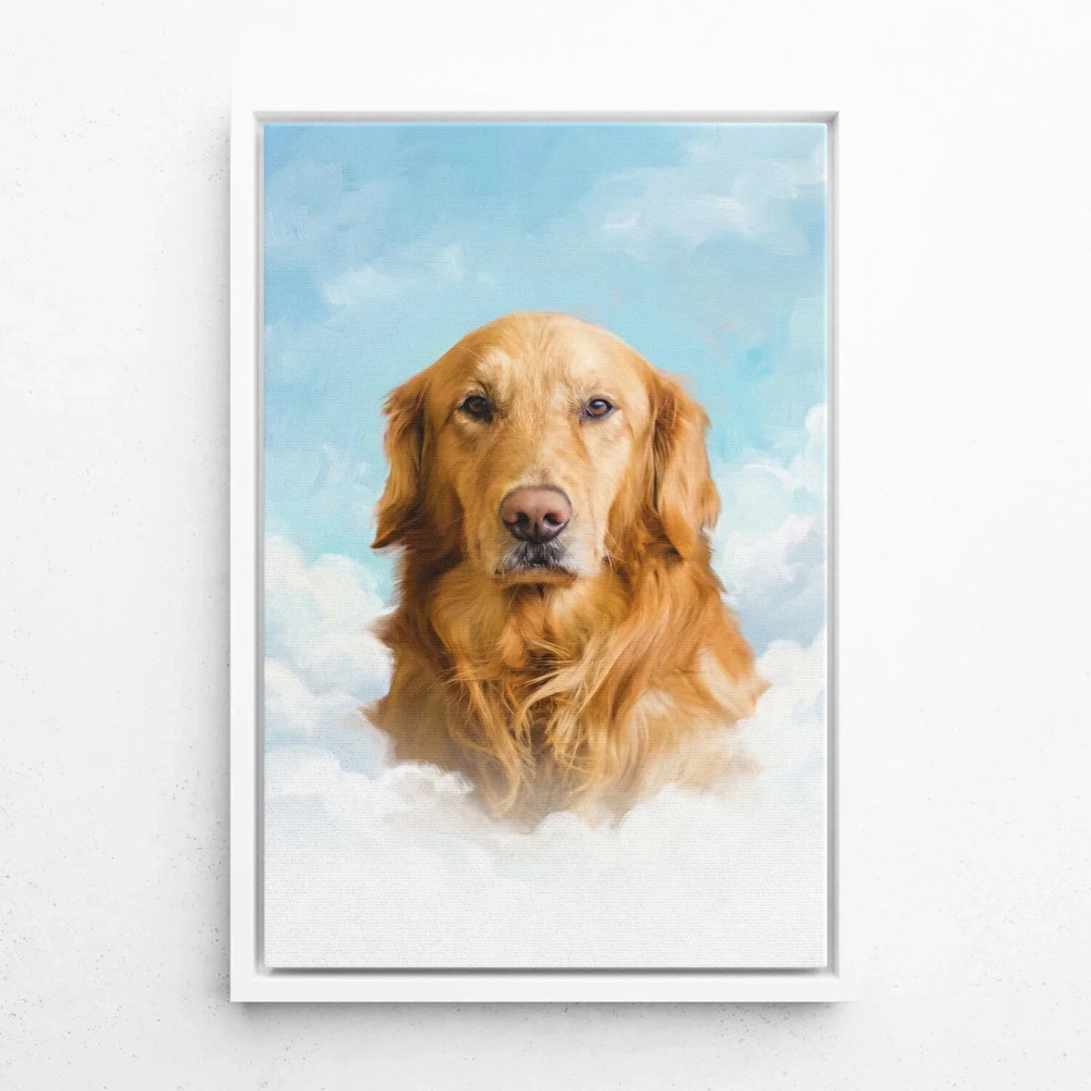 Retrato de cão personalizado em nuvens a partir da tua foto - tela com moldura branca