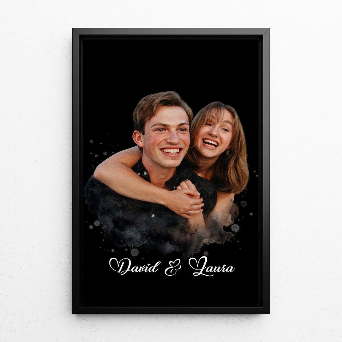 Retrato de casal e família em estilo aguarela - Preto a partir da tua foto - tela com moldura preta