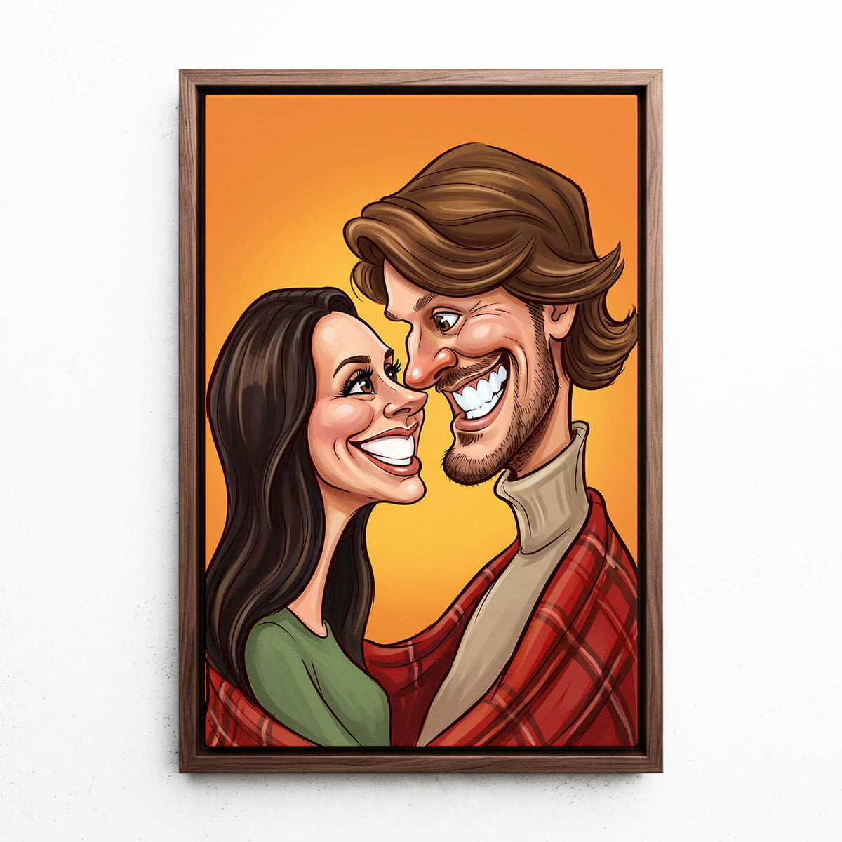 Retrato de casal e família em estilo caricatura a partir da tua foto - tela com moldura nogueira