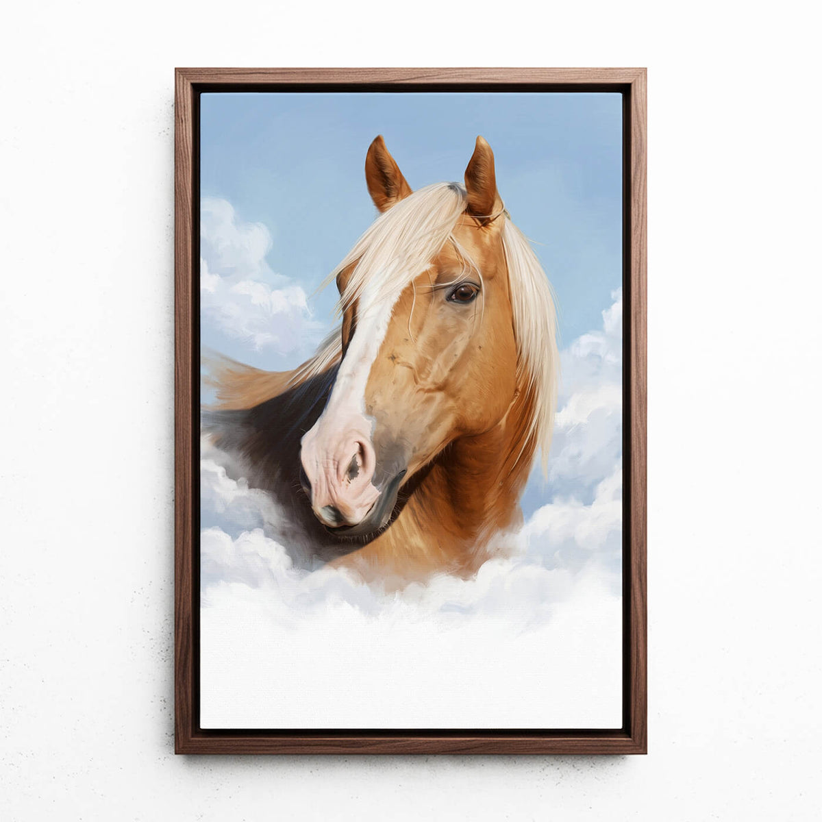 Retrato de cavalo personalizado em nuvens a partir da tua foto - tela com moldura nogueira