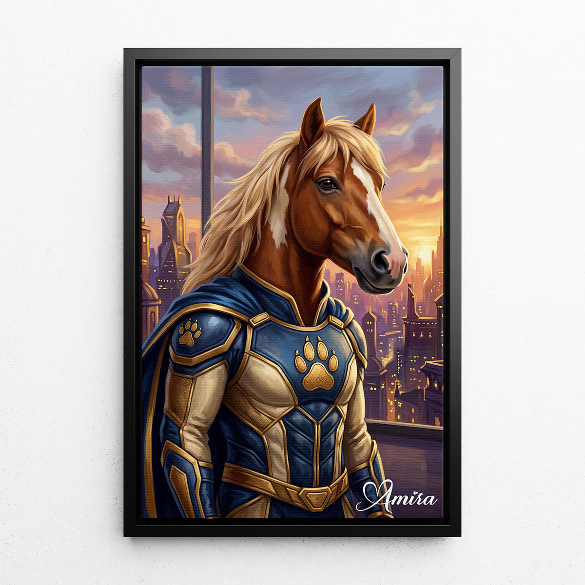 Retrato de cavalo como super-herói a partir da tua foto - tela com moldura preta