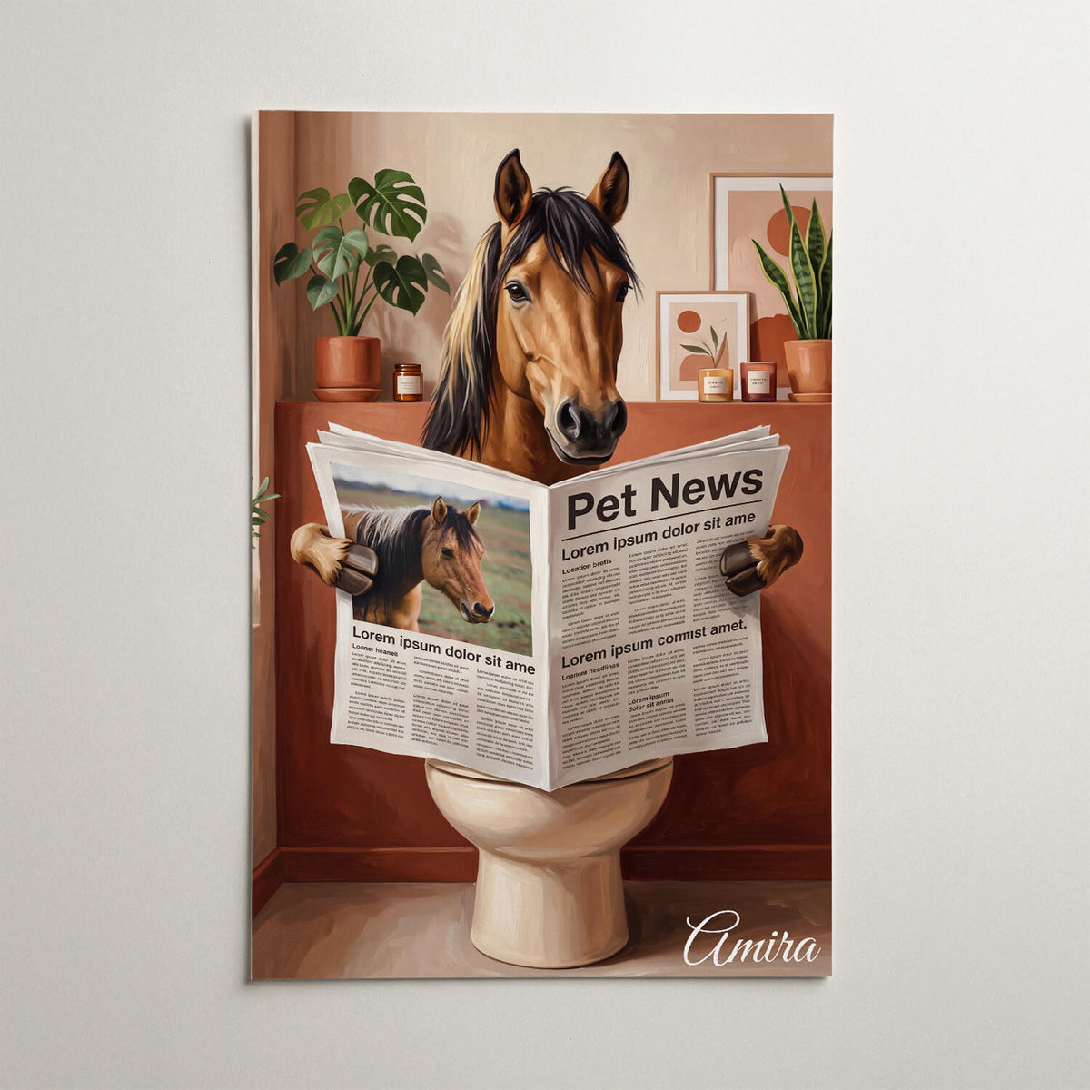 Retrato de cavalo divertido na sanita a partir da tua foto - póster