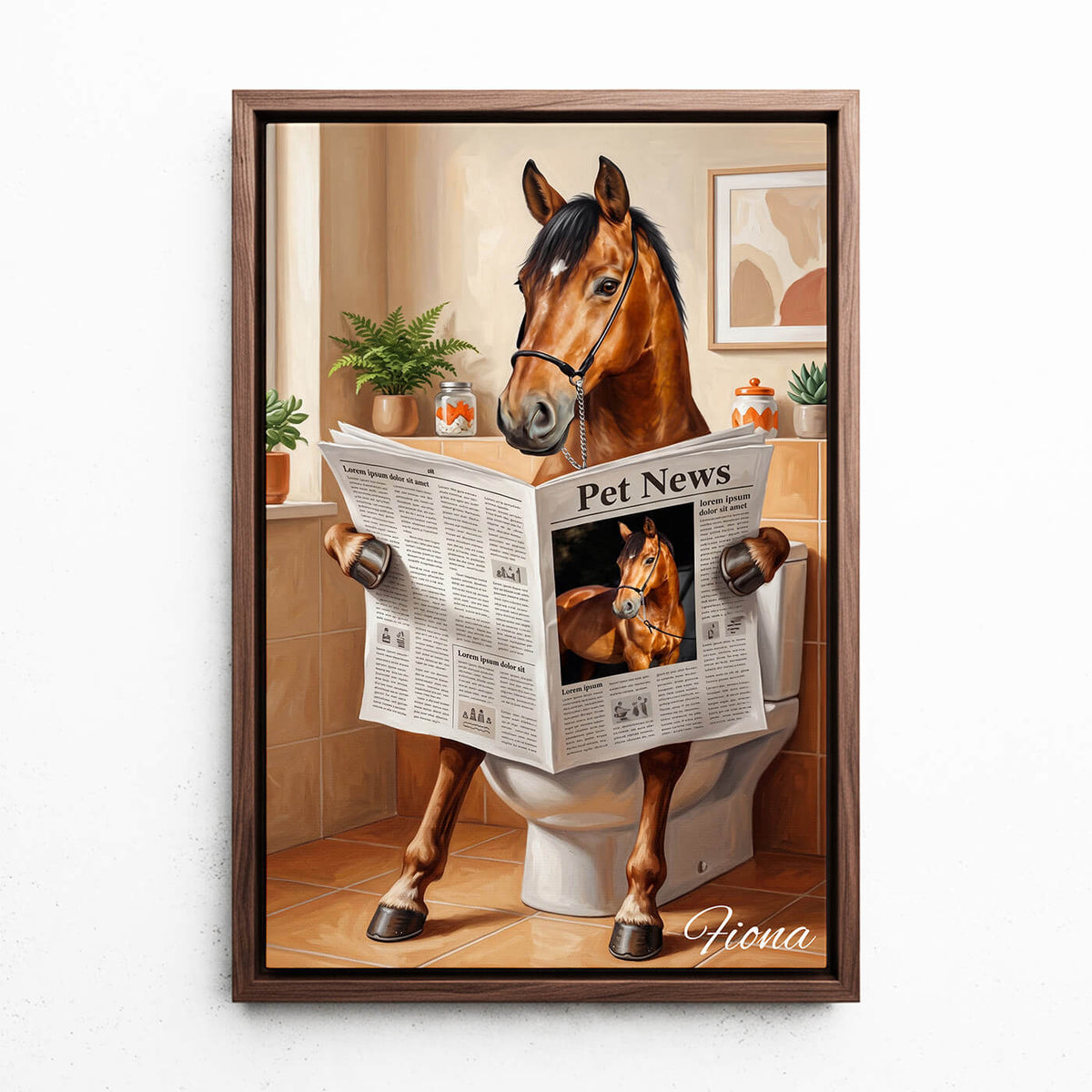 Retrato de cavalo divertido na sanita a partir da tua foto - tela com moldura nogueira