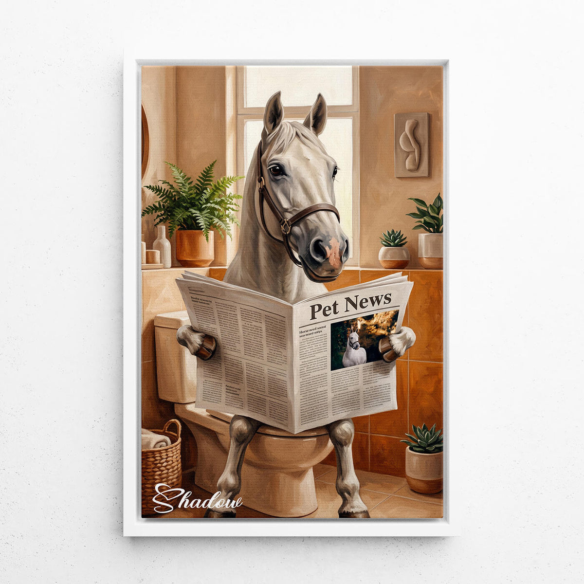 Retrato de cavalo divertido na sanita a partir da tua foto - tela com moldura branca